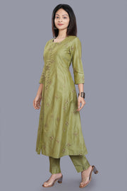 Swarupa Mehandi Green Cotton Silk Embroidered Suit Set
