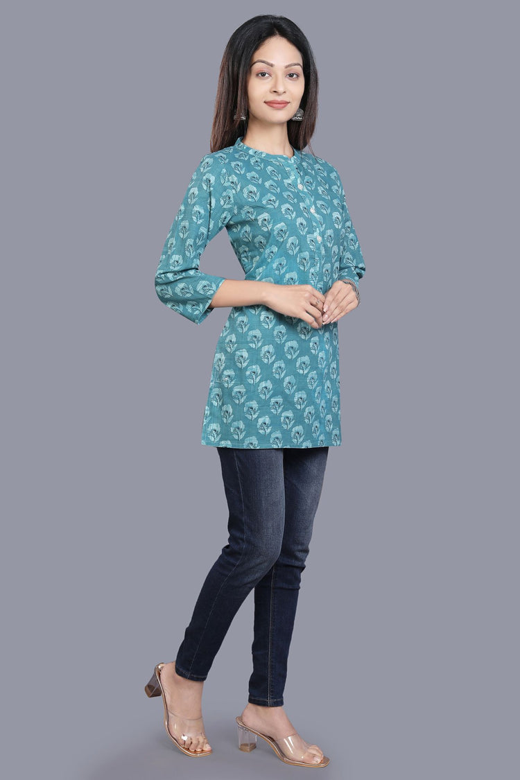 Taniska Blue Cotton Short Kurtis