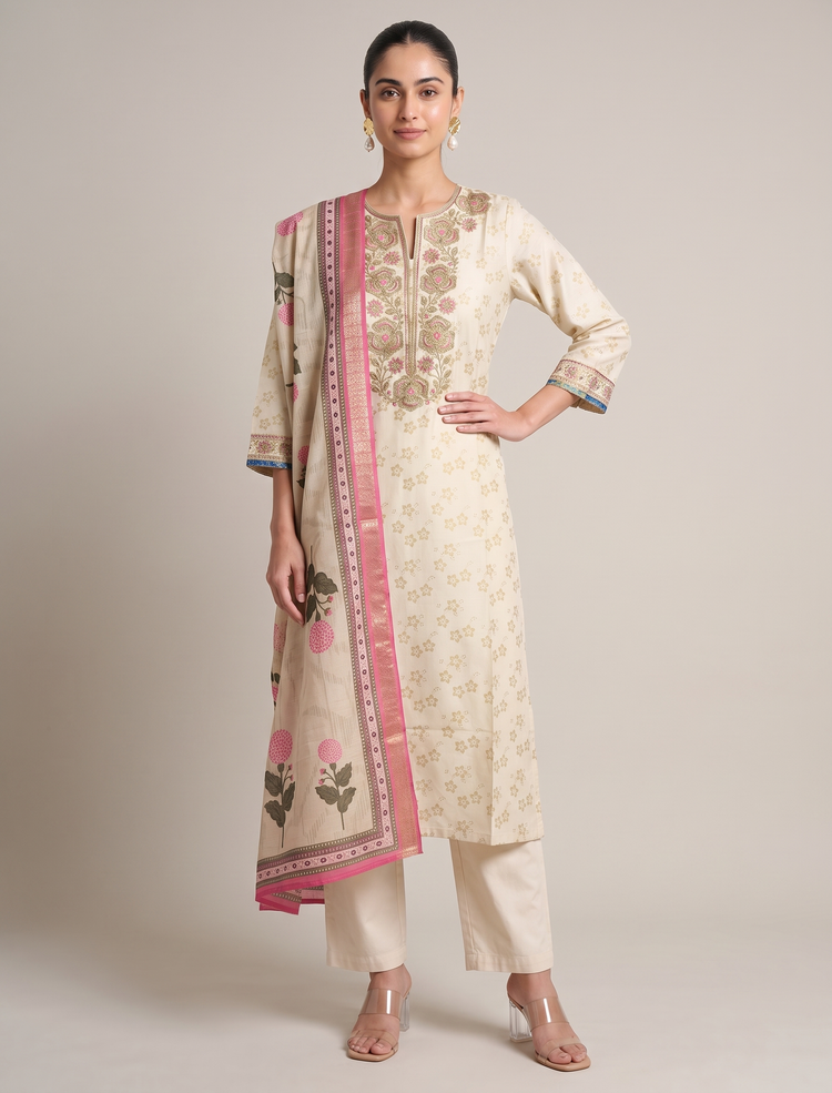 Cream Kashmiri Aari Work Embroidered Ethnic Set