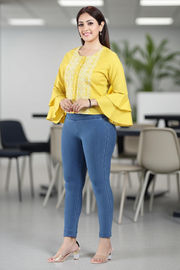 Vaibhavi Yellow Cotton Embroidered Short Kurti