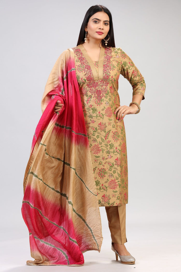 Gold Cotton Silk Embroidered Kurta Pant Suit Set