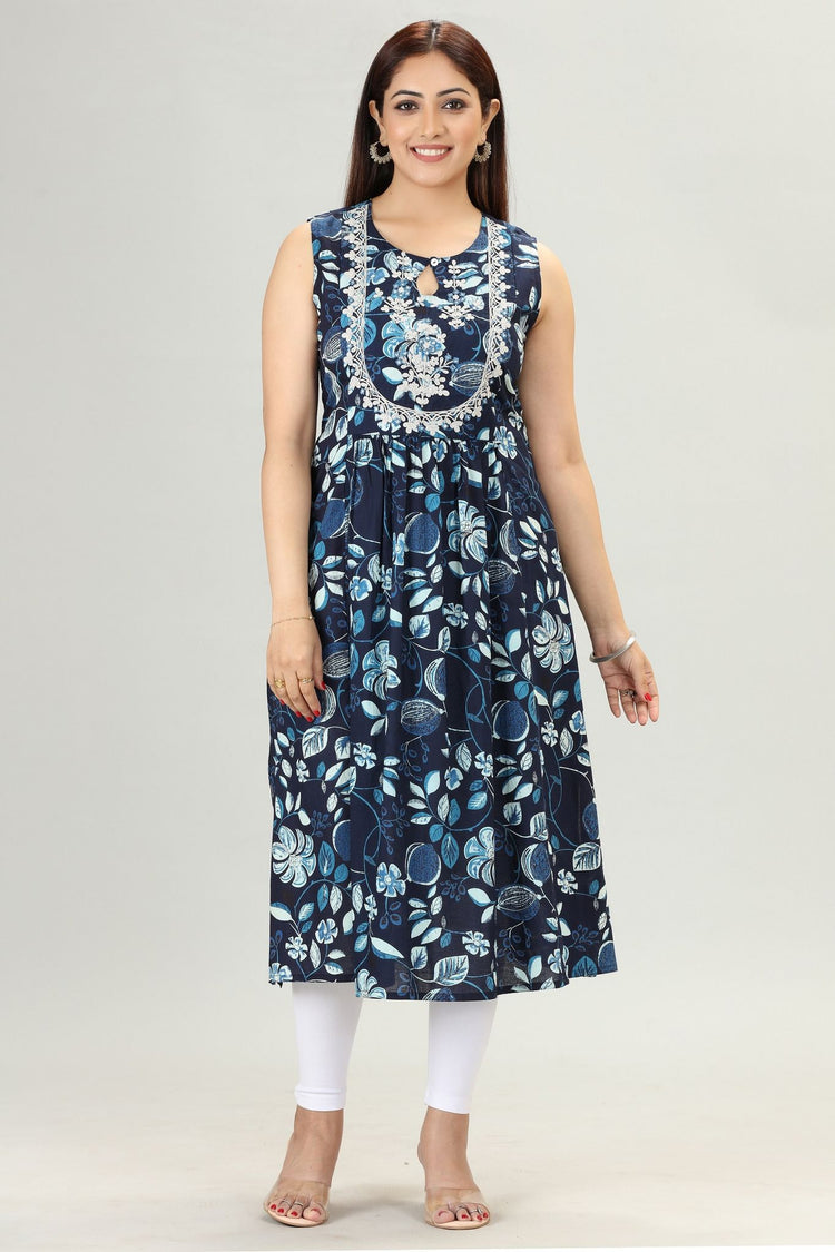 Navy Blue Jaipuri Cotton Gathered Sleeveless Kurti