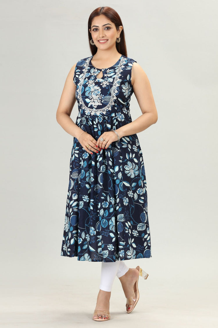 Navy Blue Jaipuri Cotton Gathered Sleeveless Kurti