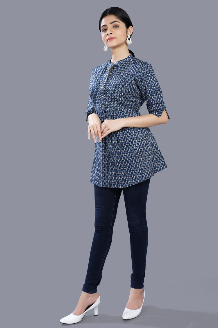 Zeba Navy Blue Cotton Short Kurtis