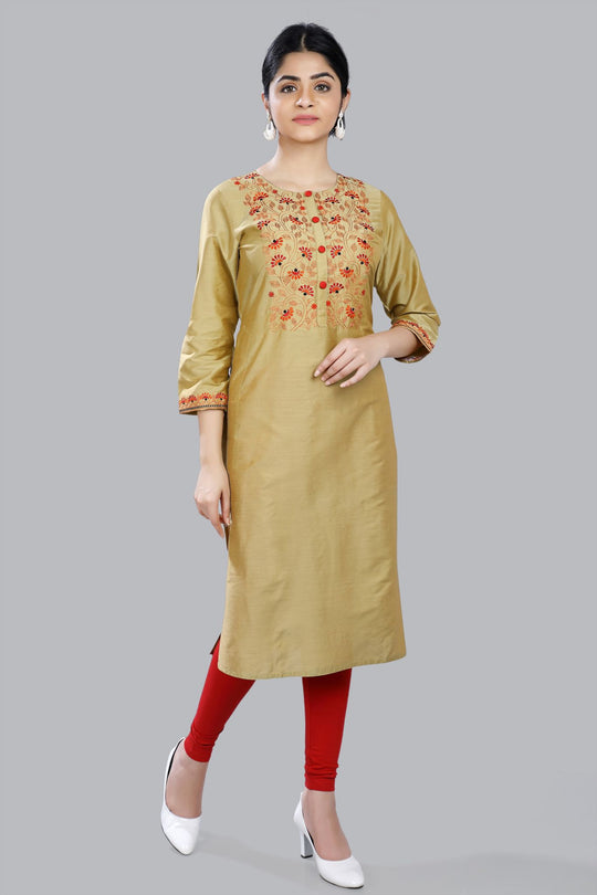 Zeynep Gold Cotton Silk Embroidered Straight Kurti