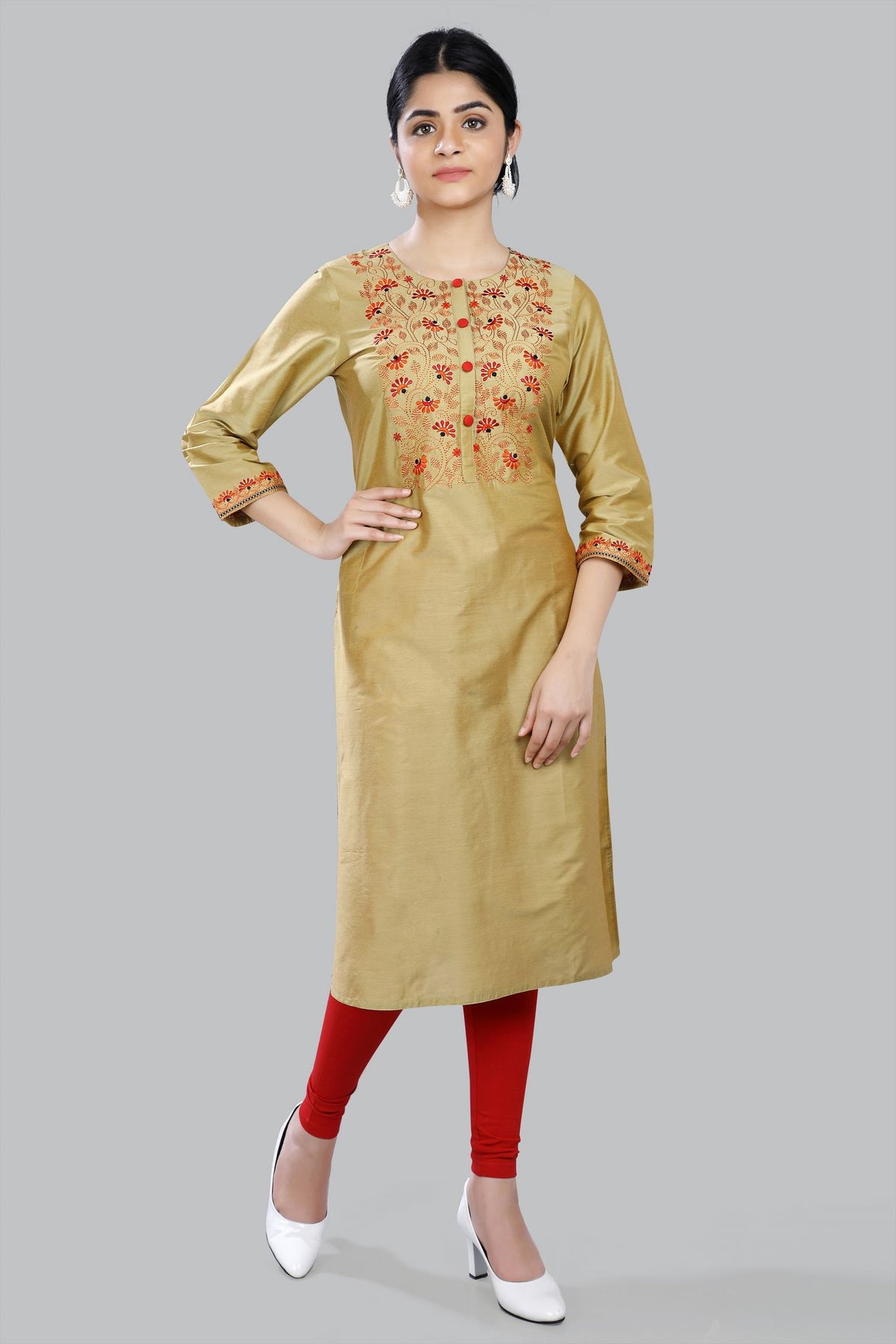 Zeynep Gold Cotton Silk Embroidered Straight Kurti