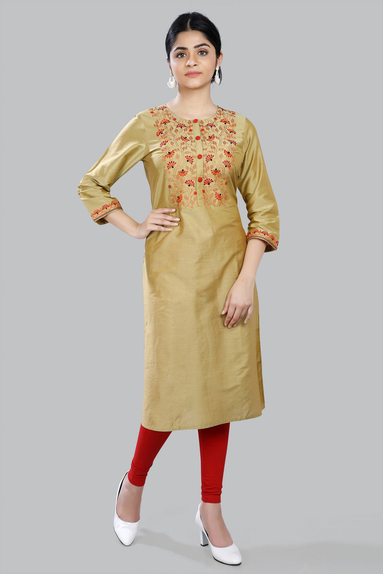 Zeynep Gold Cotton Silk Embroidered Straight Kurti