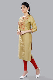 Zeynep Gold Cotton Silk Embroidered Straight Kurti