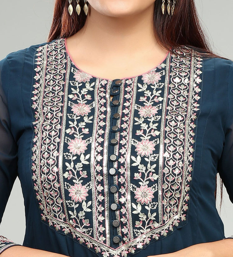 Ziyana Navy Blue Georgette Embroidered Suit Set