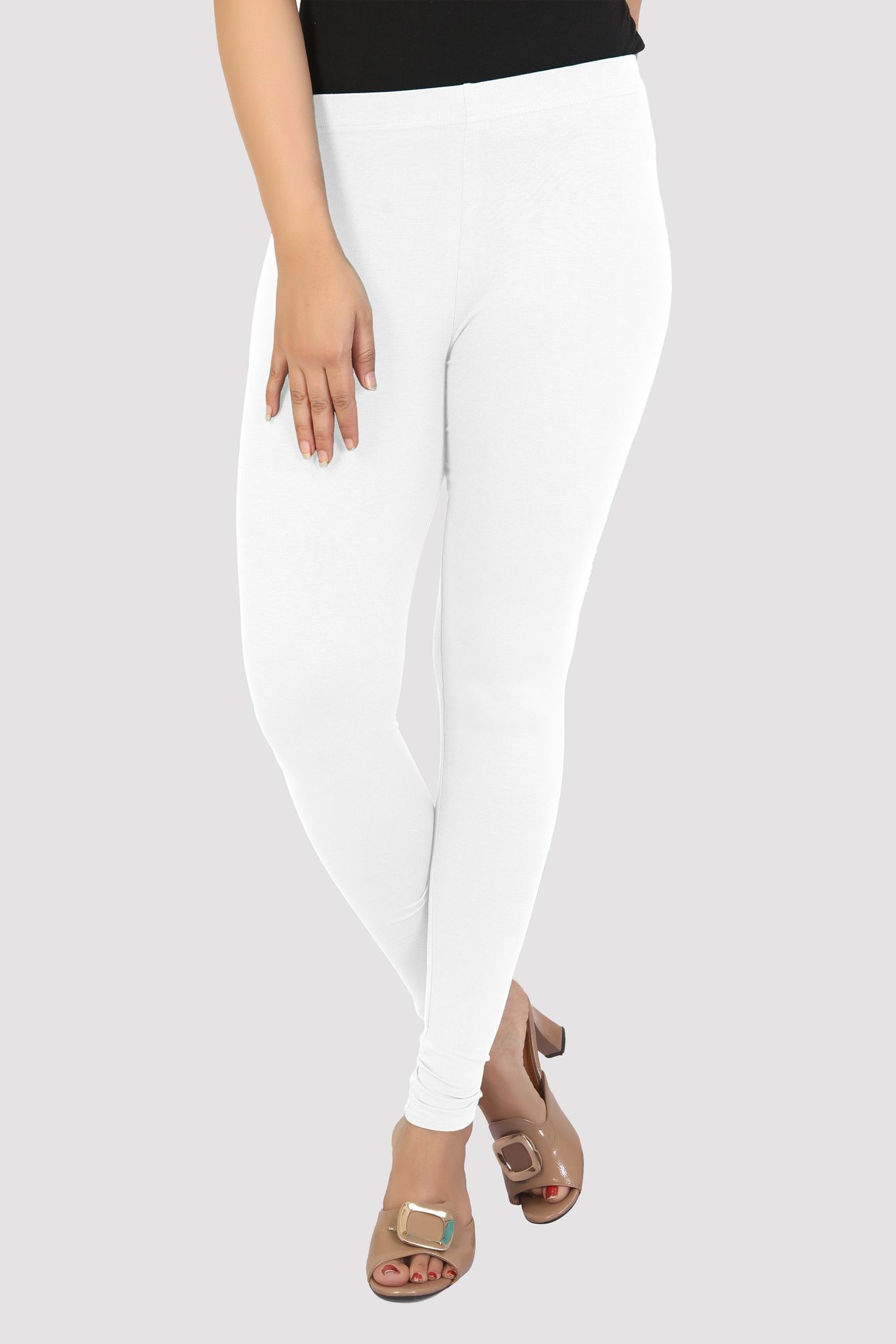 Women's White Cotton Lycra Ankle Length Leggings