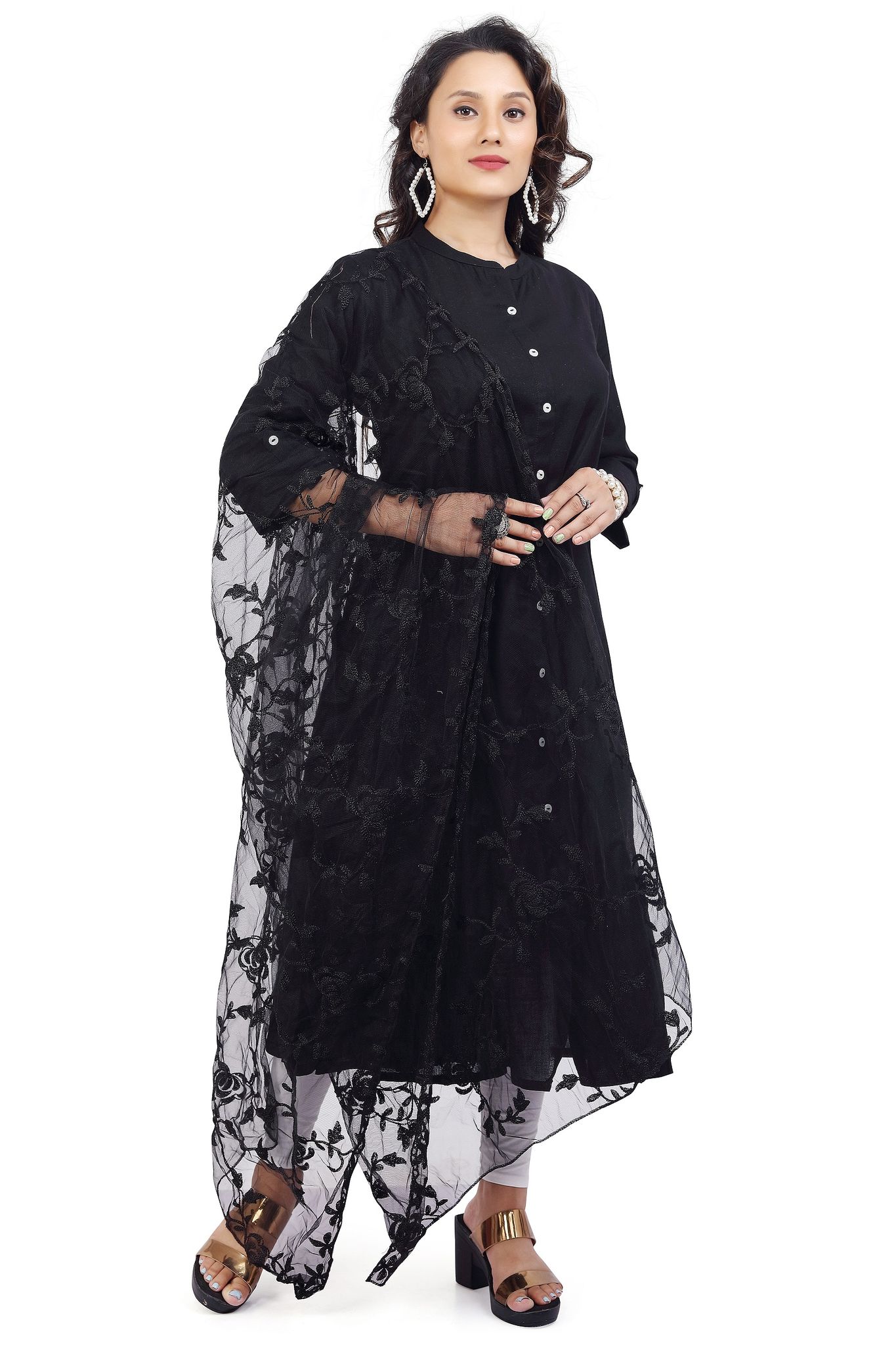Women Black -Coloured Embroidered Net Dupatta