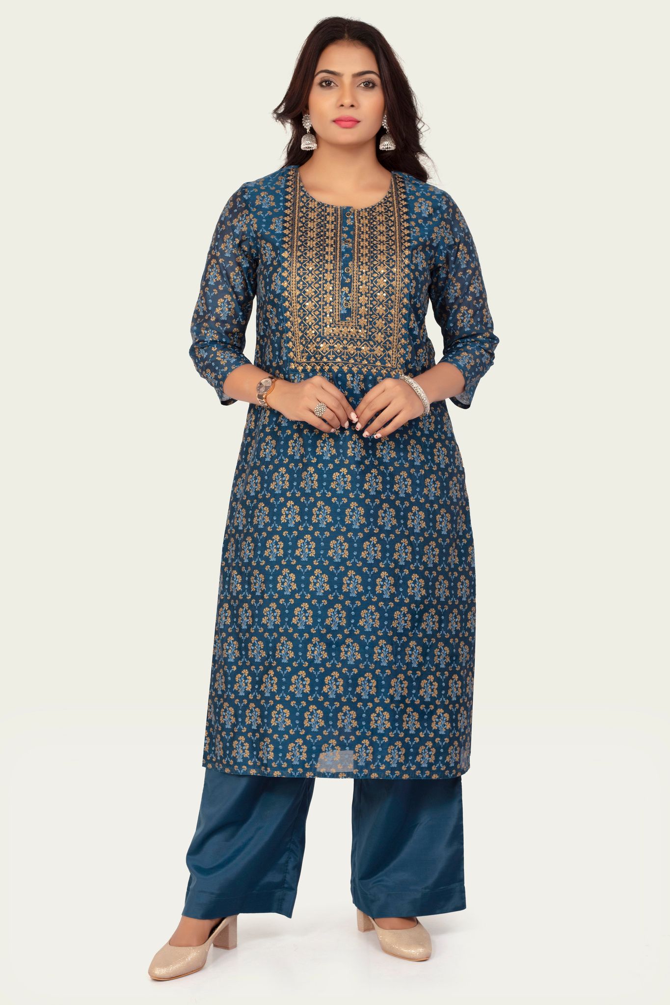 Sylvia Royal Blue Chanderi Cotton Embroidered Kurta with Pant Set