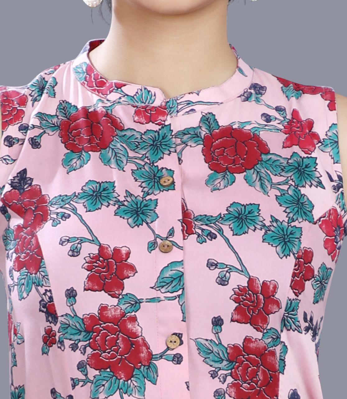 Taahira Pink Rayon Floral Print Sleeveless Kurti