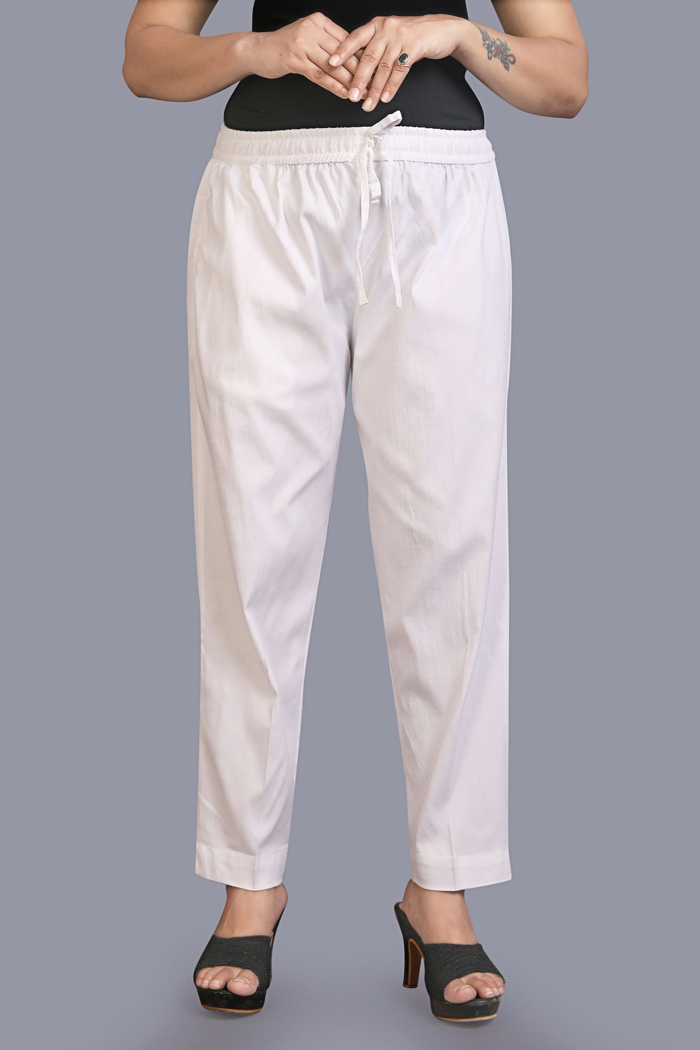 Women's White Cotton Lycra Pant
