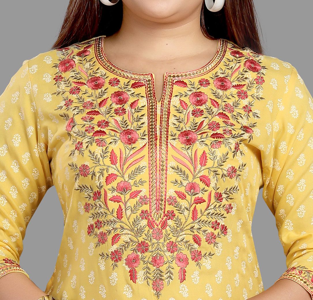 Fasiha Yellow Rayon Embroidered Straight Kurtis