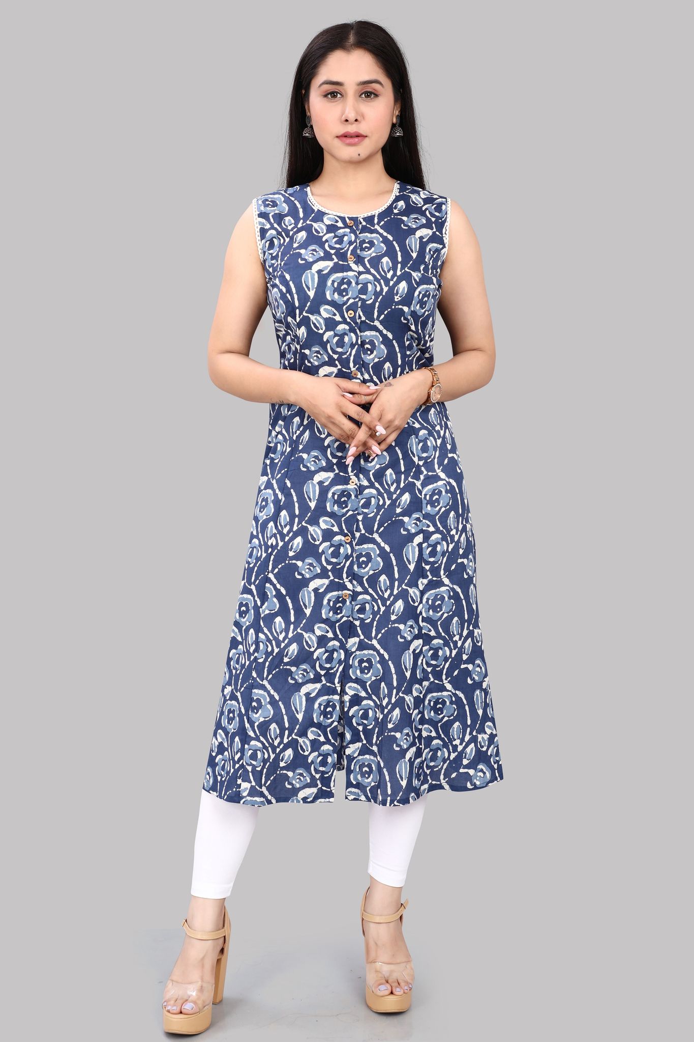 Hameedah Navy Blue Jaipuri Cotton Sleeves Kurti