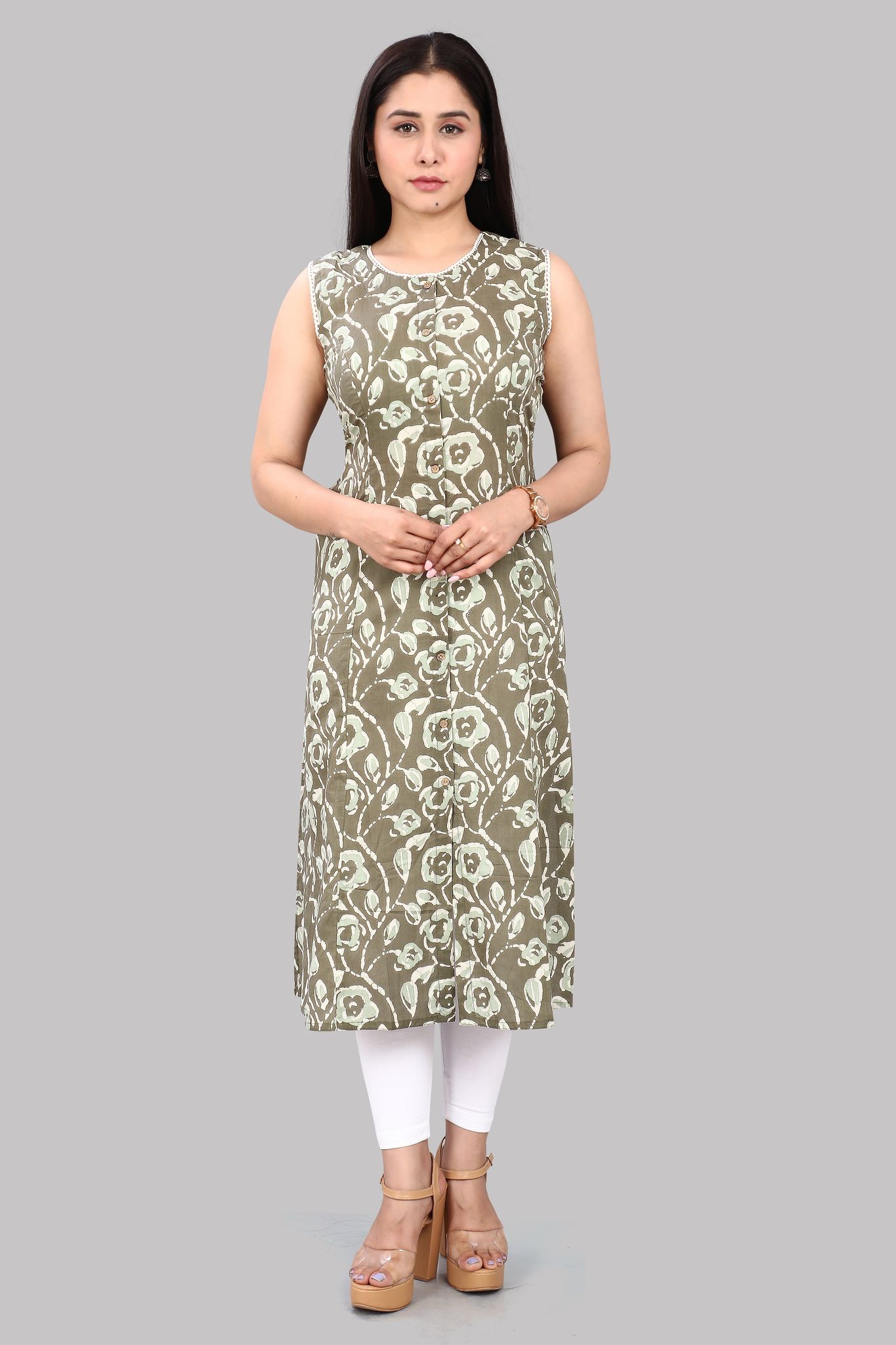 Basimah Mehandi Green Jaipuri Cotton Sleeves Kurti