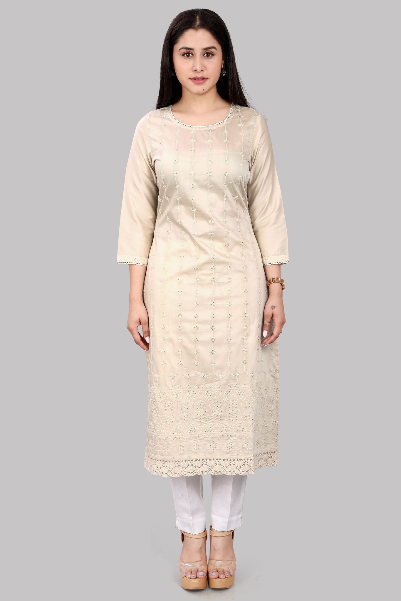 Ghazal Cream Embroidered Cotton Silk Straight Kurtis