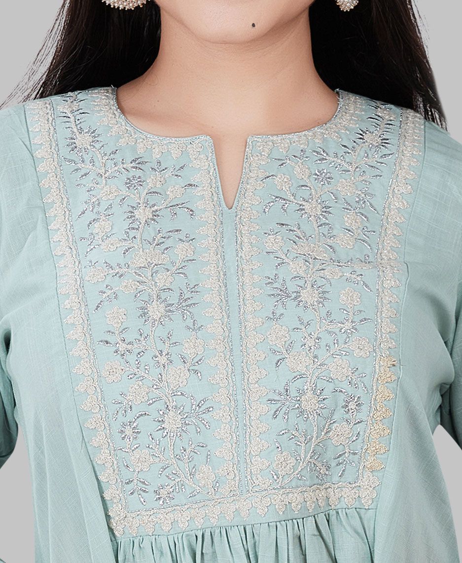 Djamila Aqua Cotton Embroidered A-Line Kurta