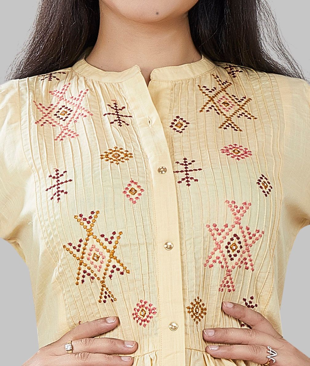 Sahara Light Yellow Cotton Embroidered A-Line Kurta