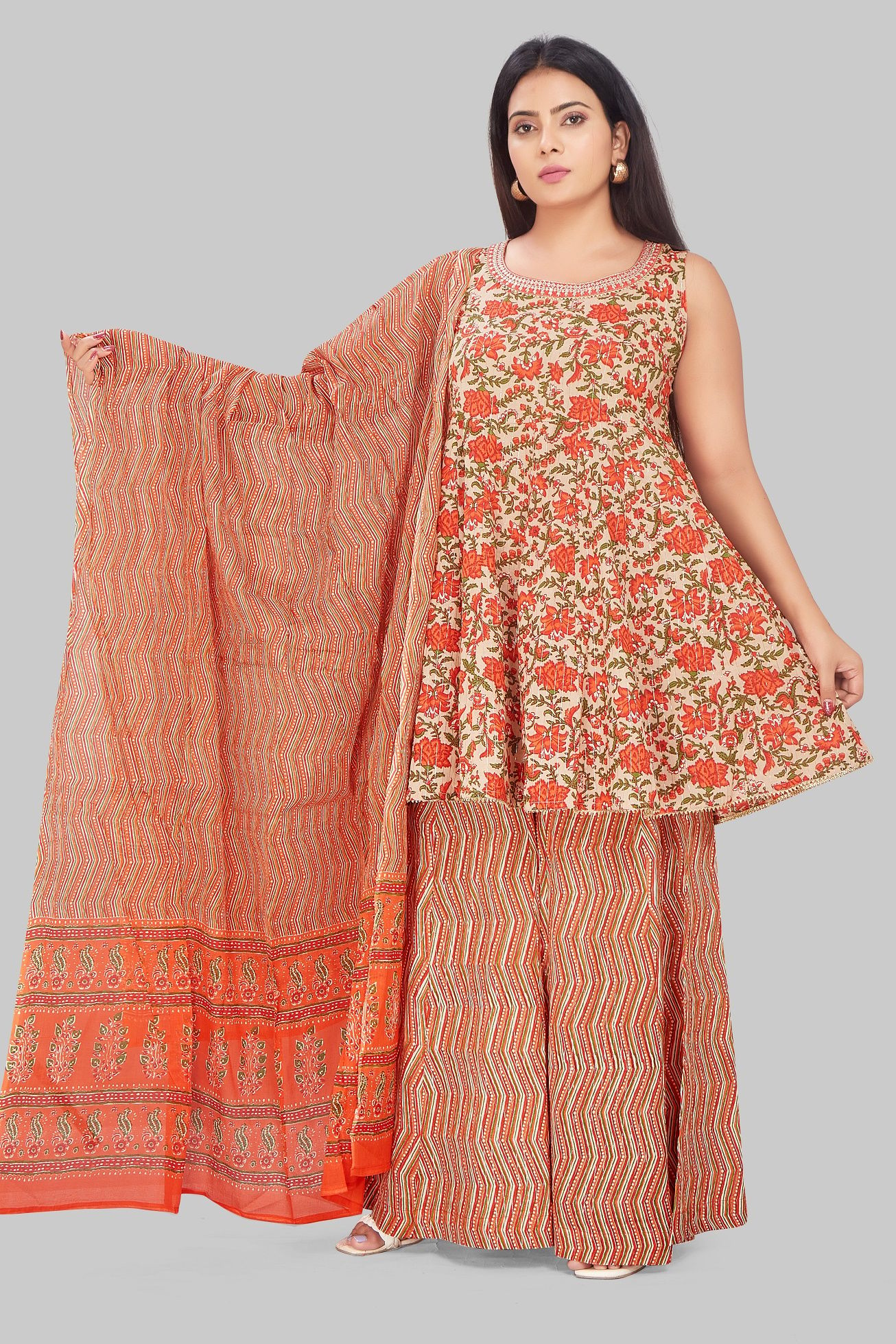 Aakarshin Multicolor Cotton Flared Kurta Garara Suit Set
