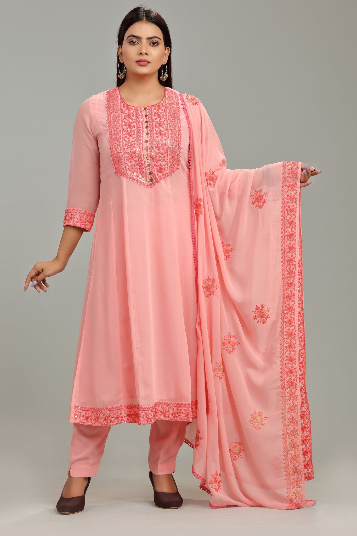 Ziyana Baby Pink Georgette Embroidered Suit Set