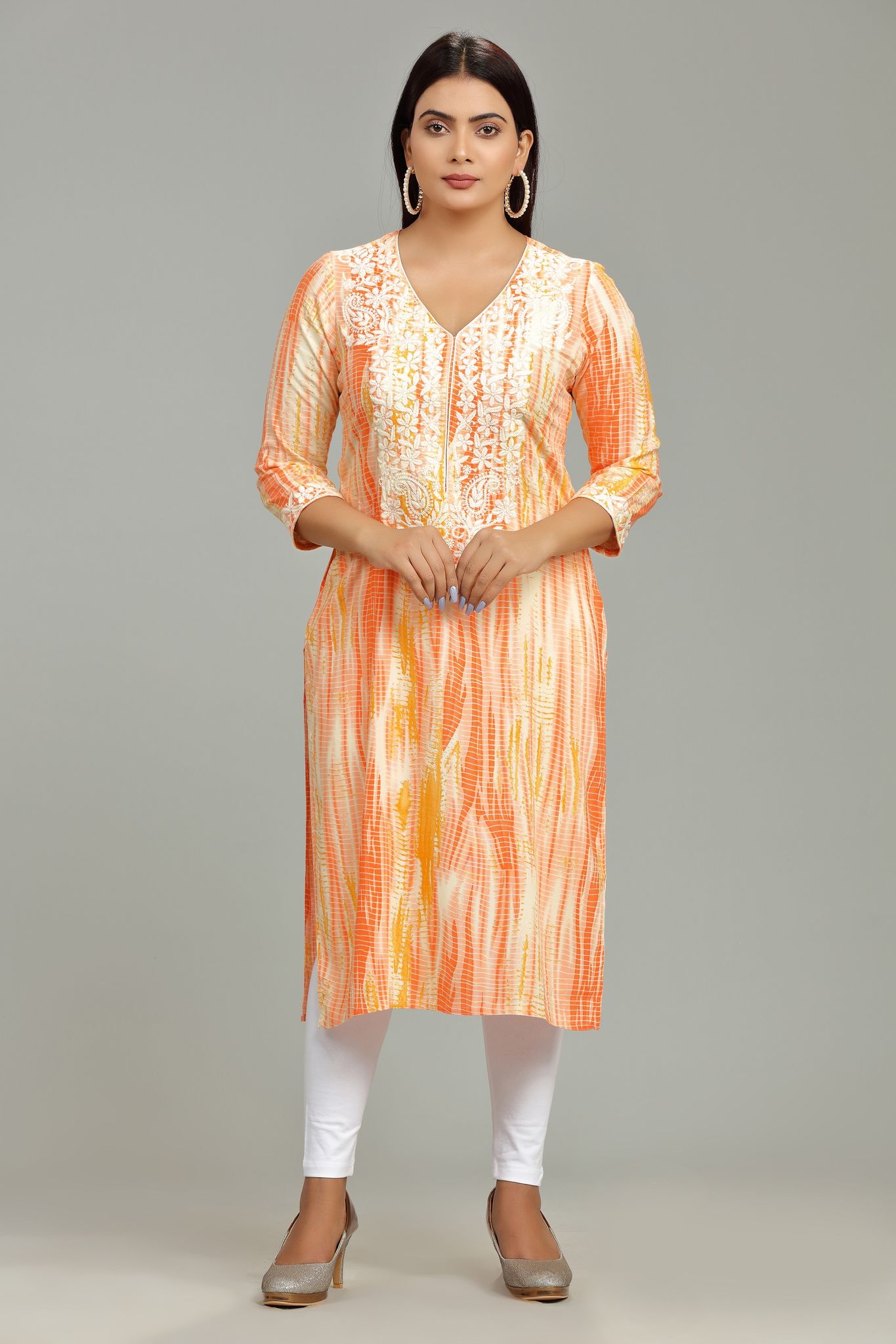 Firaki Orange Rayon Embroidered Straight Kurti