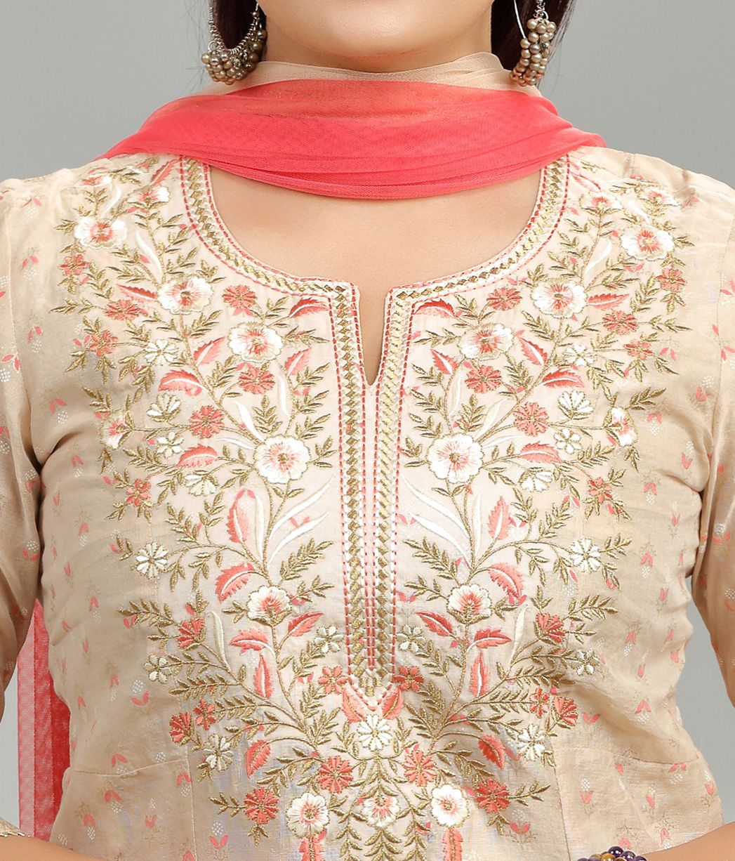 Hamshika Beige Cotton Chanderi Embroidered Suit Set