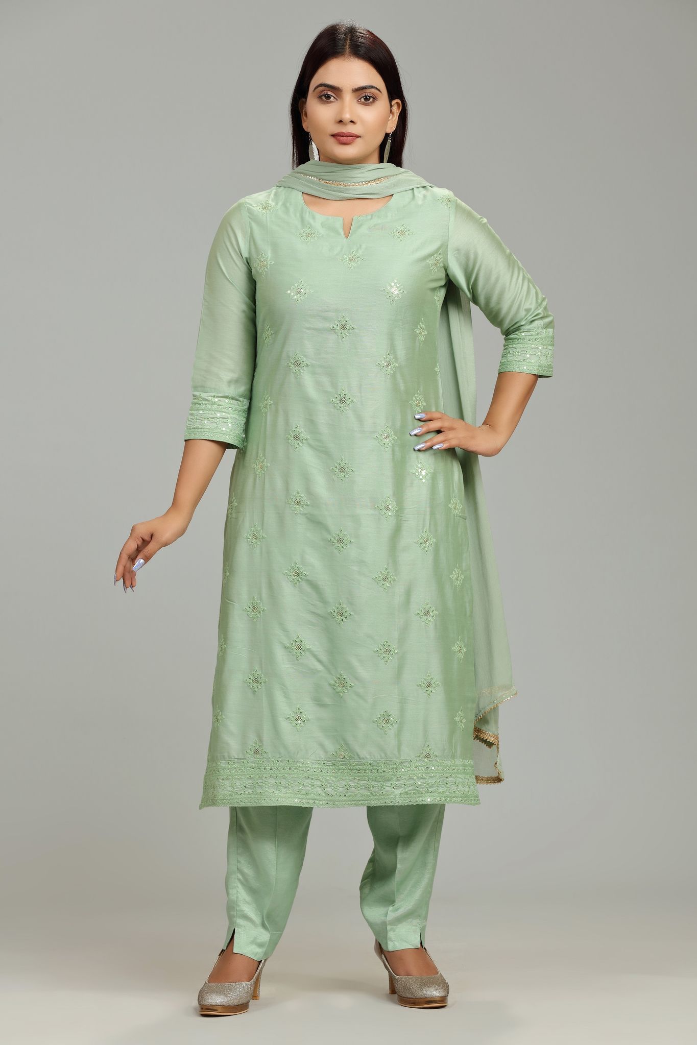 Nakushi Pista Green Cotton Silk Embroidered Suit Set