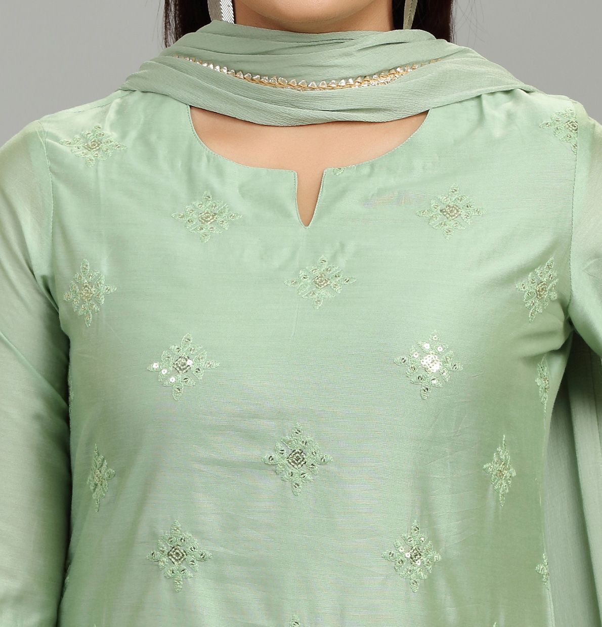 Nakushi Pista Green Cotton Silk Embroidered Suit Set
