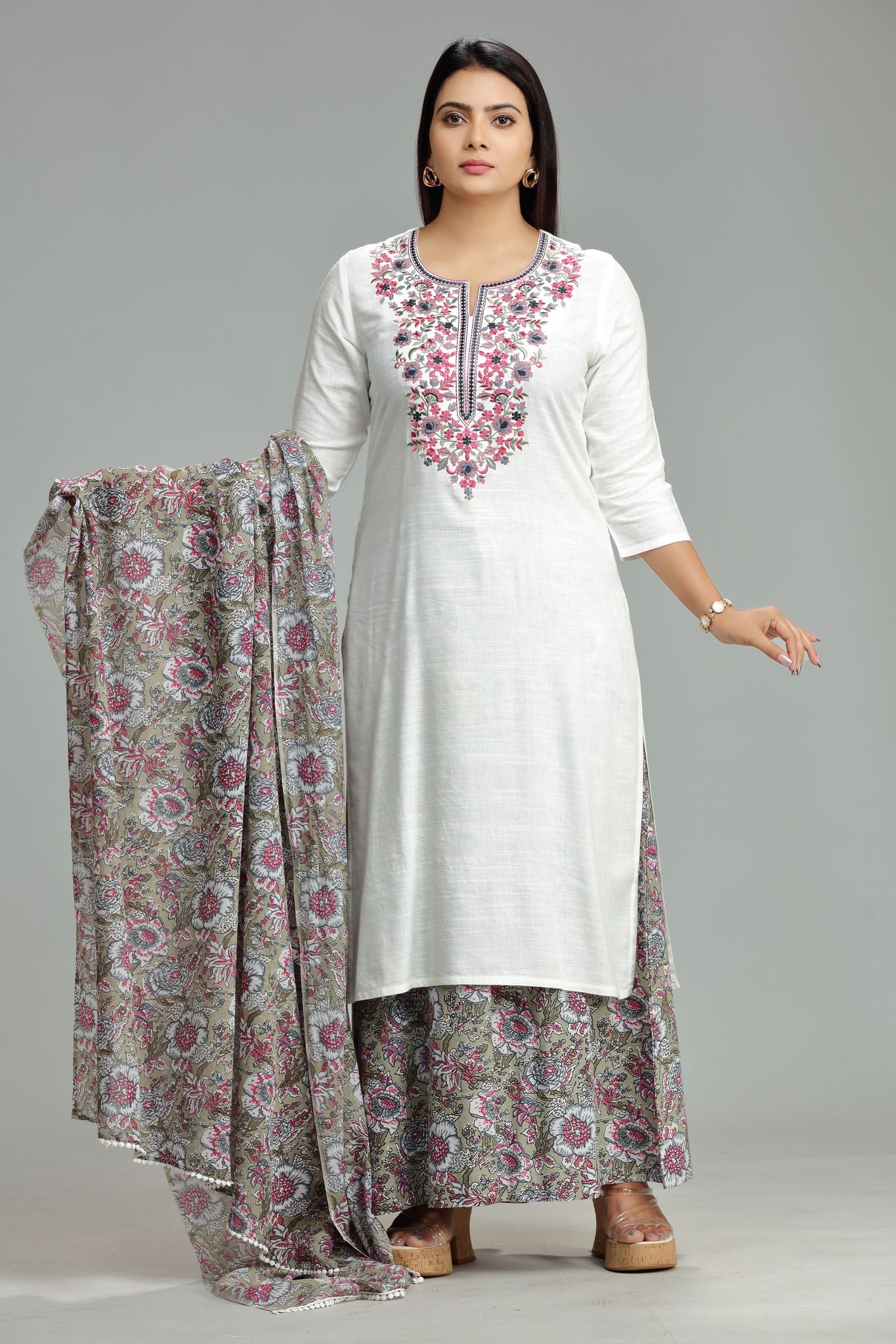 Padma Off White Cotton kurta With Sharara Pants And Dupatta