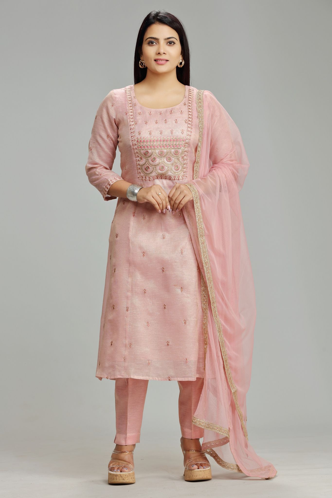 Divya Pink Varanasi Tissue Embroidered Suit Set