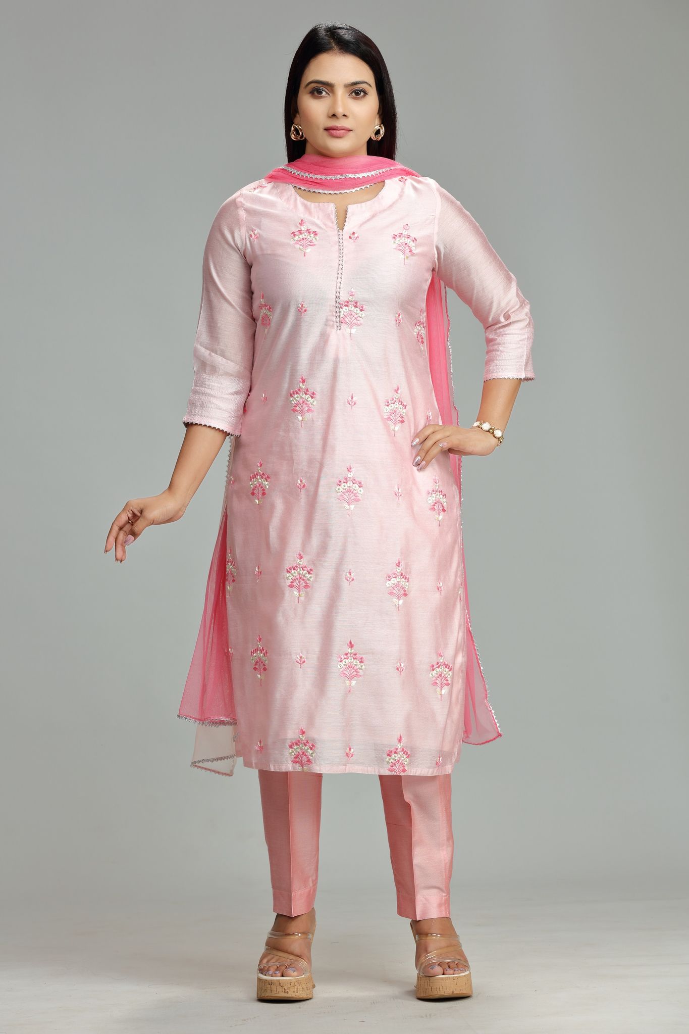Pornima Baby Pink Cotton Chanderi Embroidered Suit Set