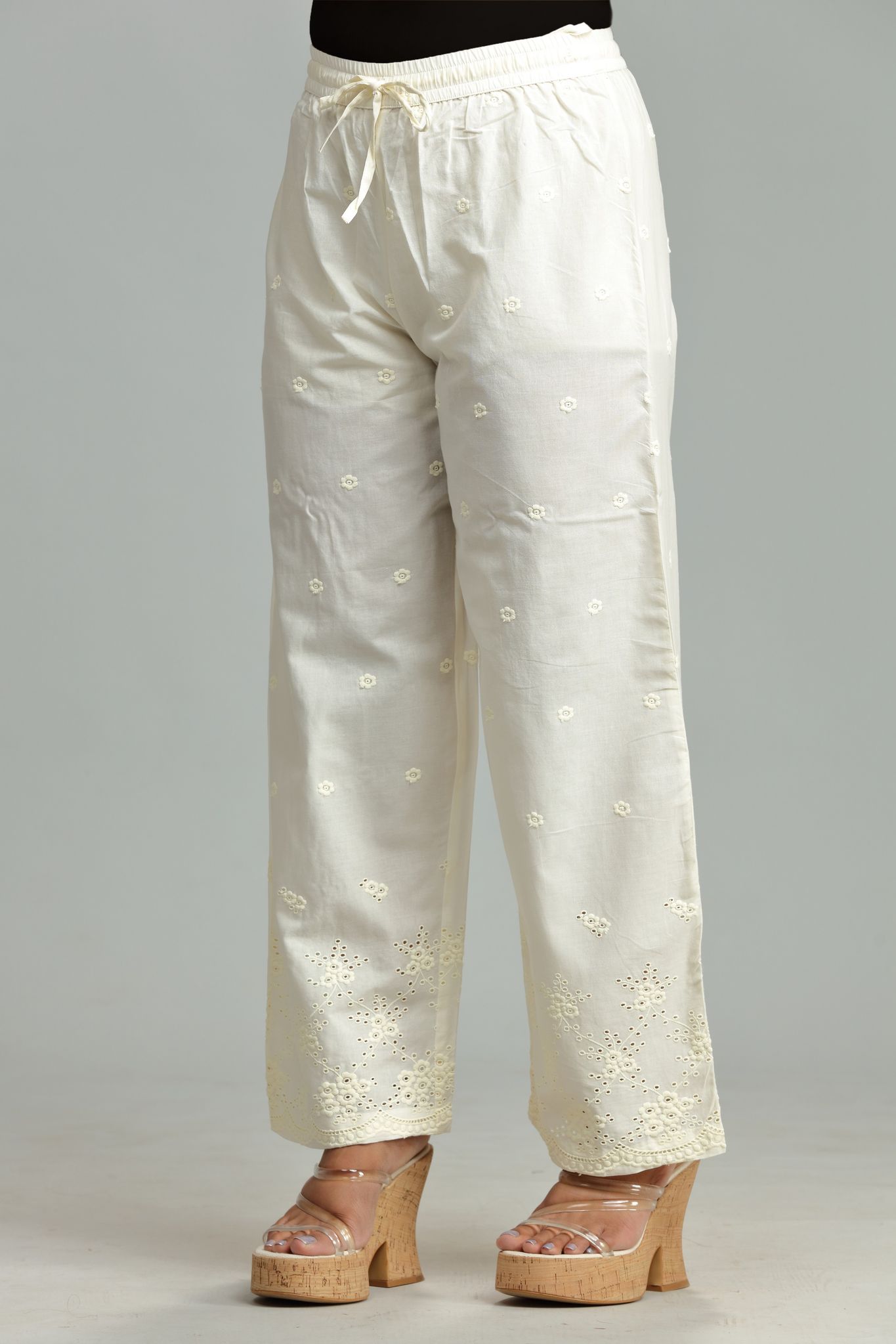 Madhu Off White Cotton Embroidered Pant