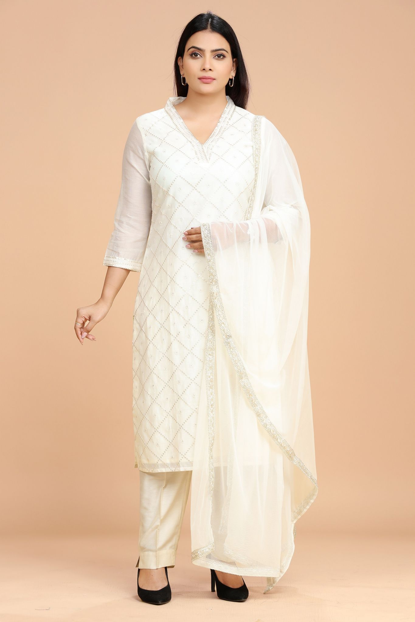Kalyaani Cream Cotton Chanderi Embroidered Suit Set