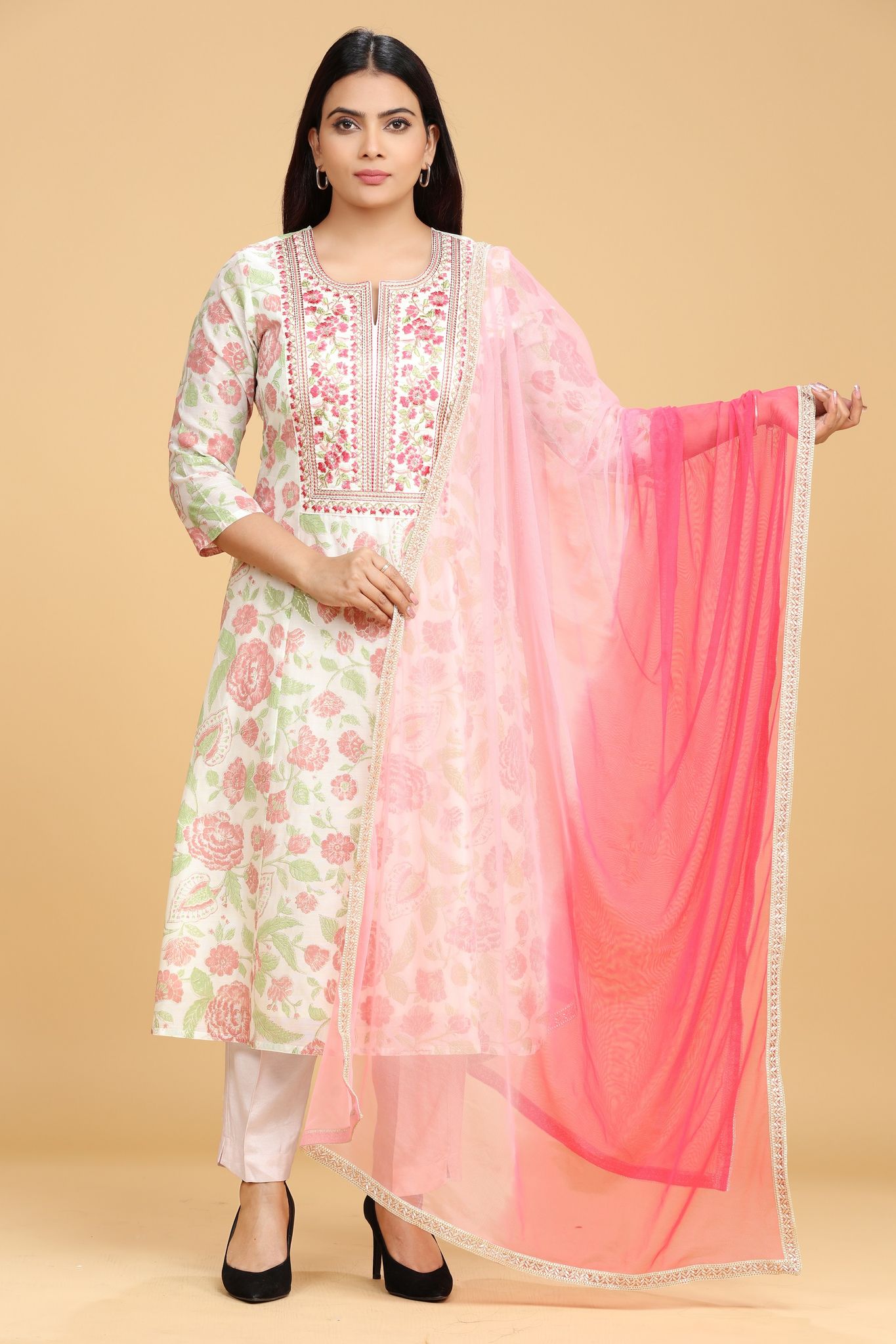 Hamisha Cream & Pink Cotton Chanderi Embroidered Suit Set