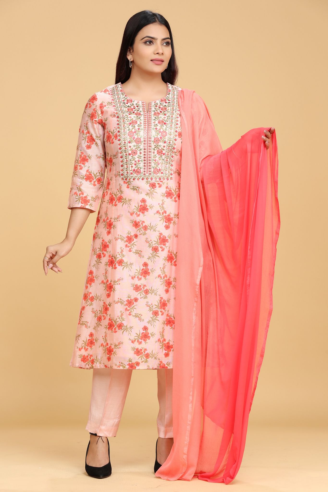 Idhitri Light Peach Cotton Chanderi Embroidered Suit Set
