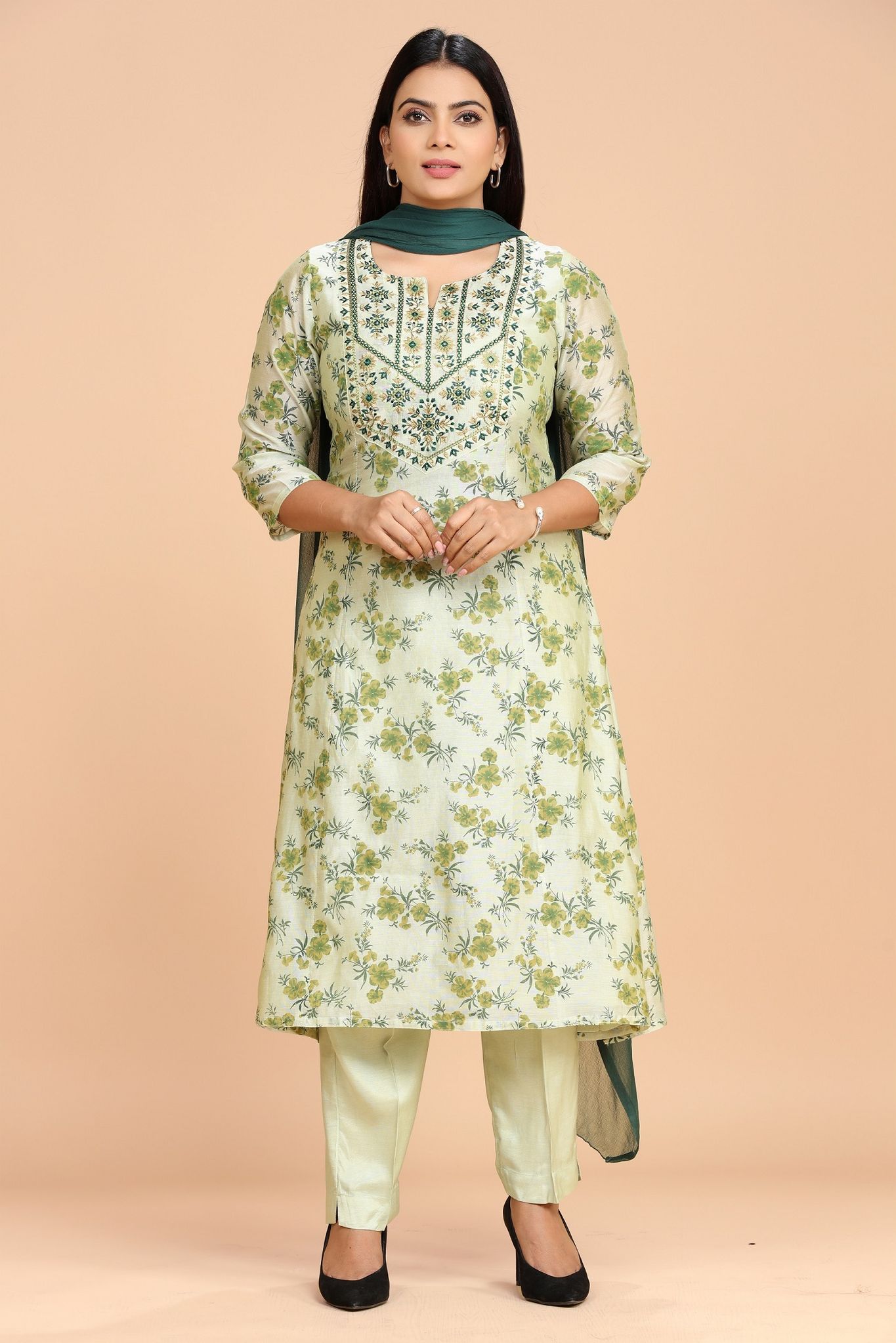 Idhitri Mehandi Green Cotton Chanderi Embroidered Suit Set
