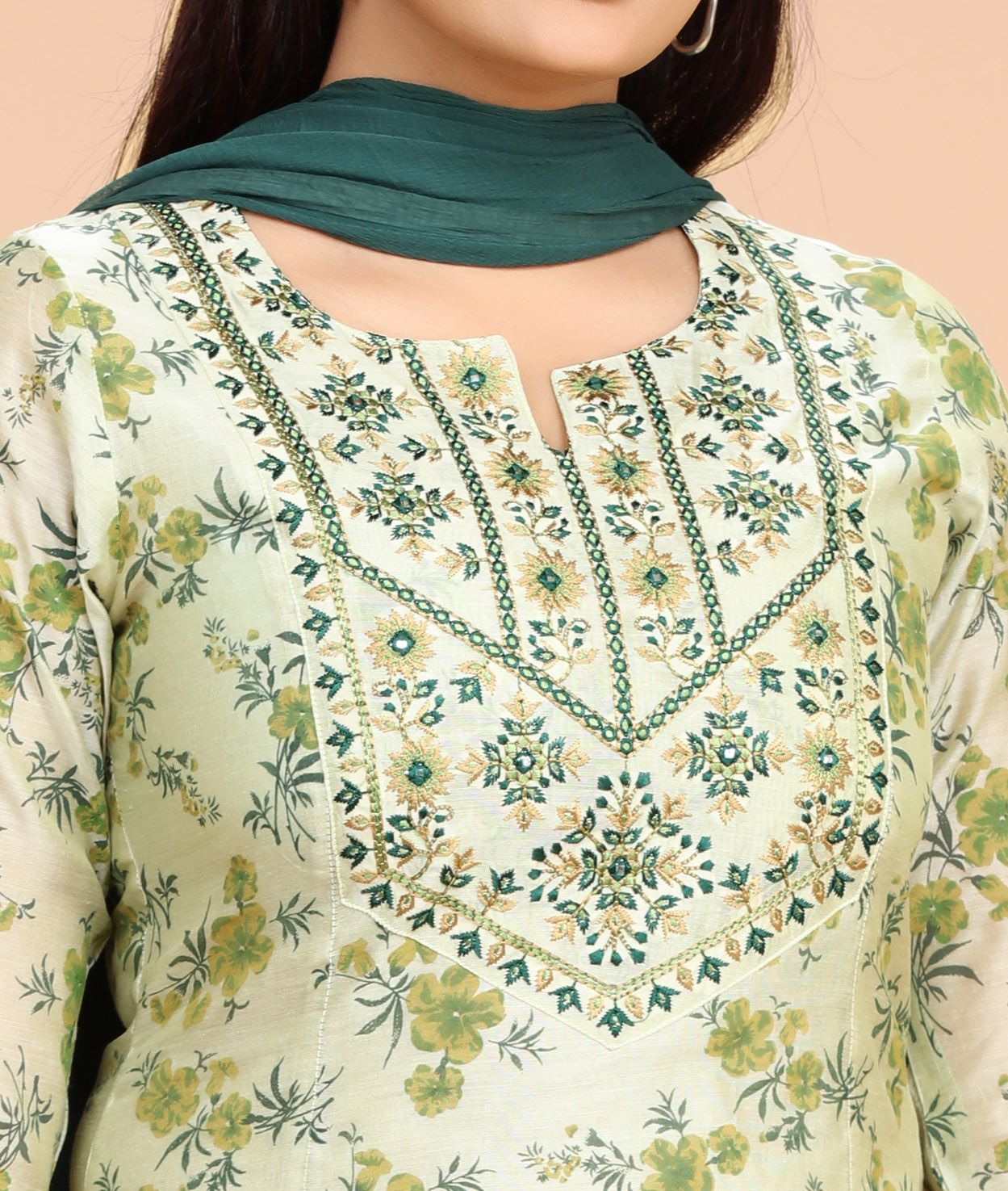 Idhitri Mehandi Green Cotton Chanderi Embroidered Suit Set