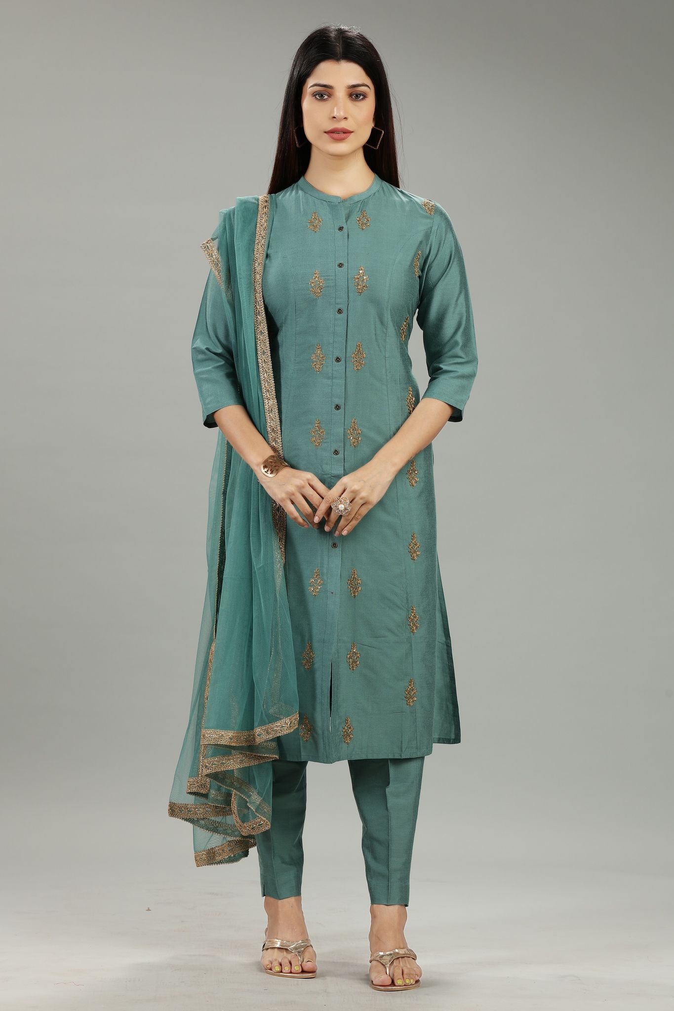 Charita CC56 Pastel Green Cotton Silk Embroidered Suit Set