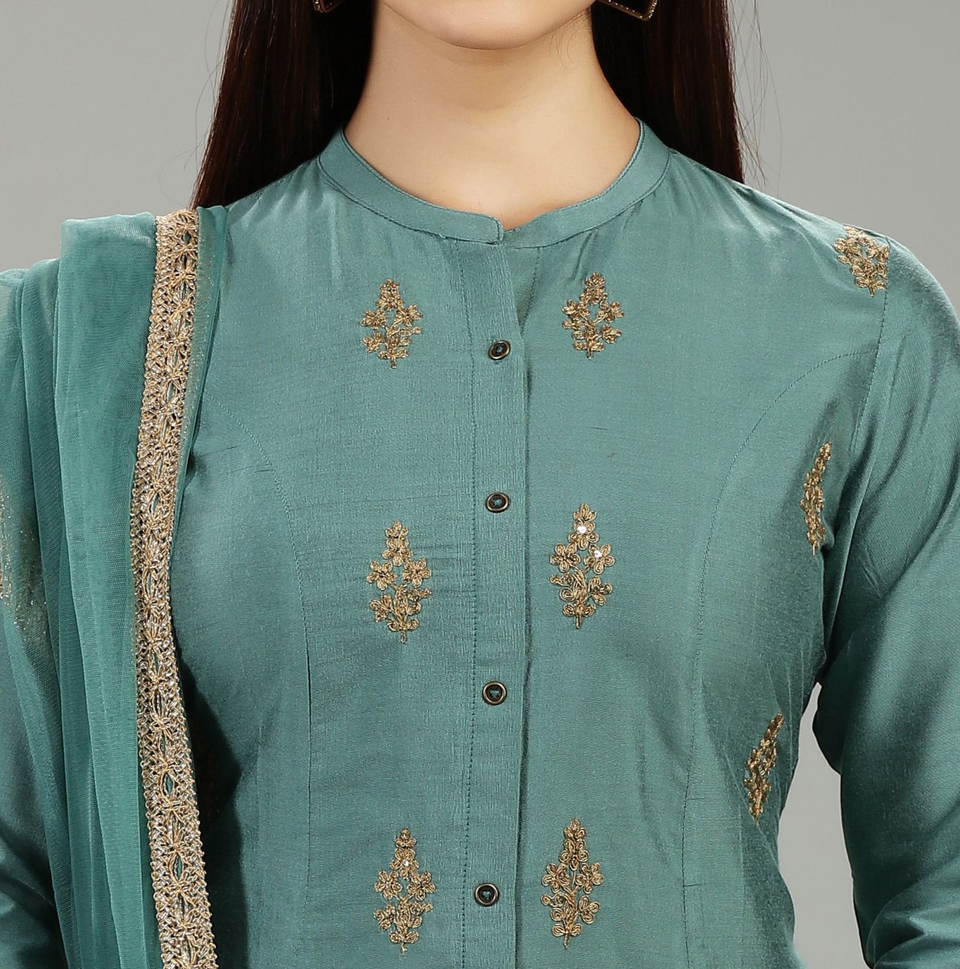 Charita CC56 Pastel Green Cotton Silk Embroidered Suit Set
