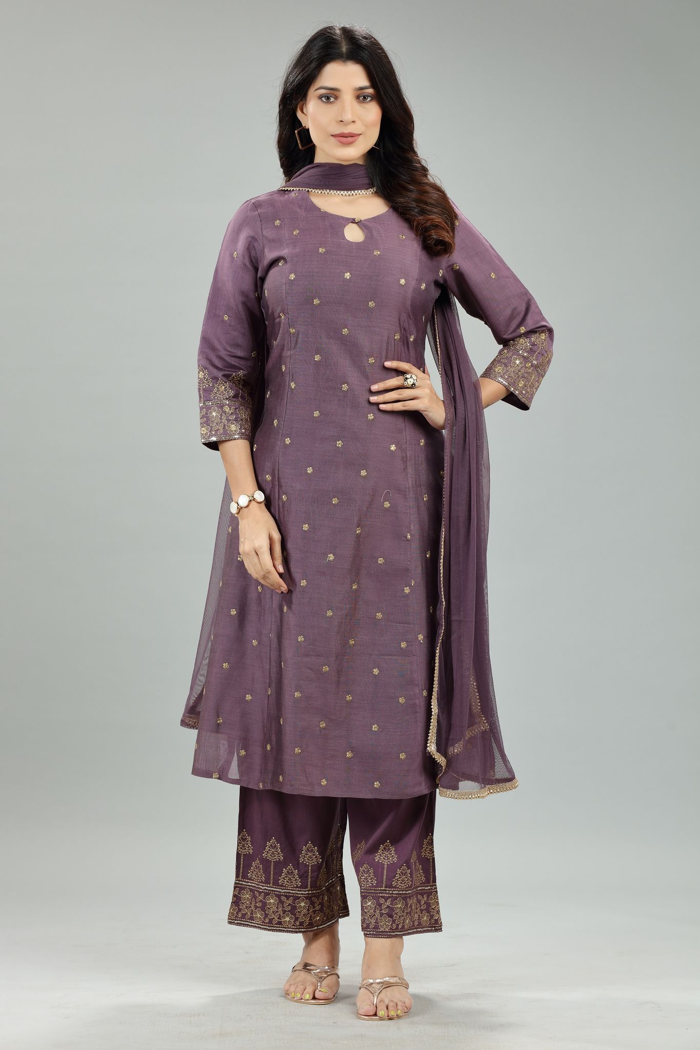 Lipika Purple Cotton Chanderi Embroidered Suit Set
