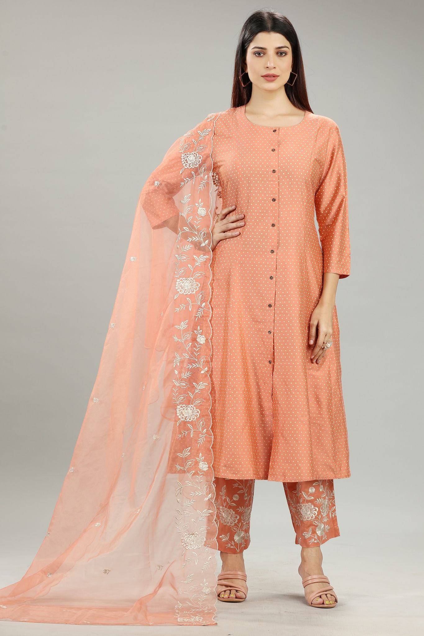Zeeya Light Orange Cotton Silk Embroidered Suit Set