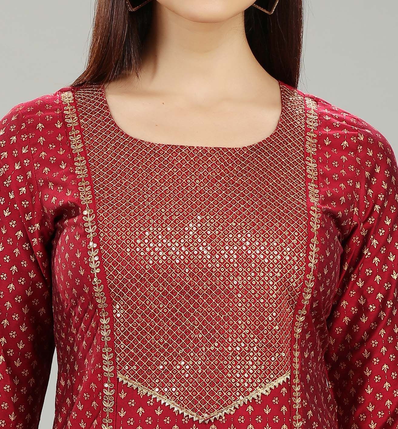 Saachi Maroon Cotton Silk Embroidered Suit Set