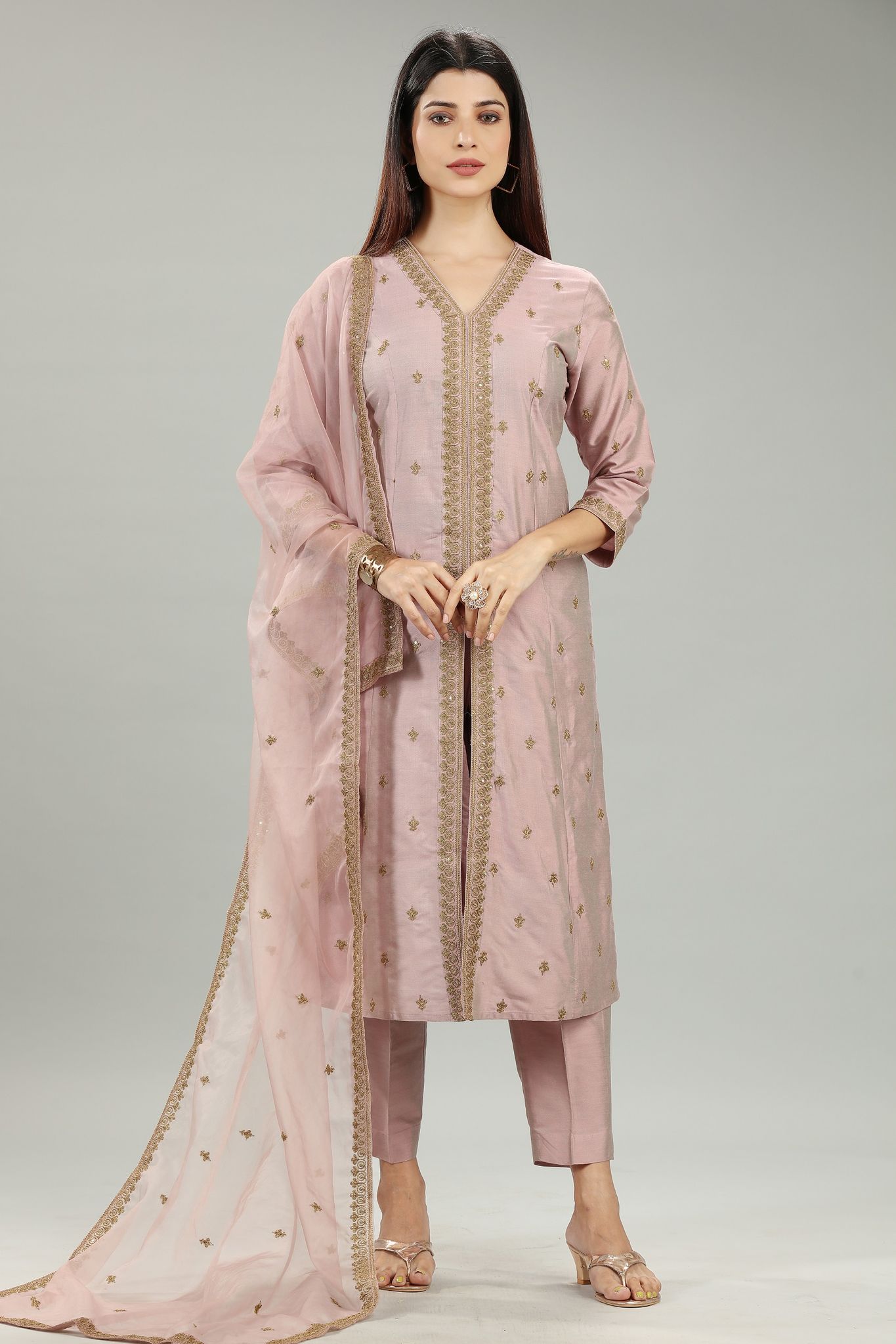 Adah Peach Cotton Silk Embroidered Suit Set