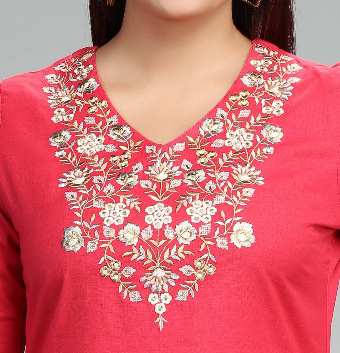 Asmita Coral Pink Cotton Embroidered Straight Kurta