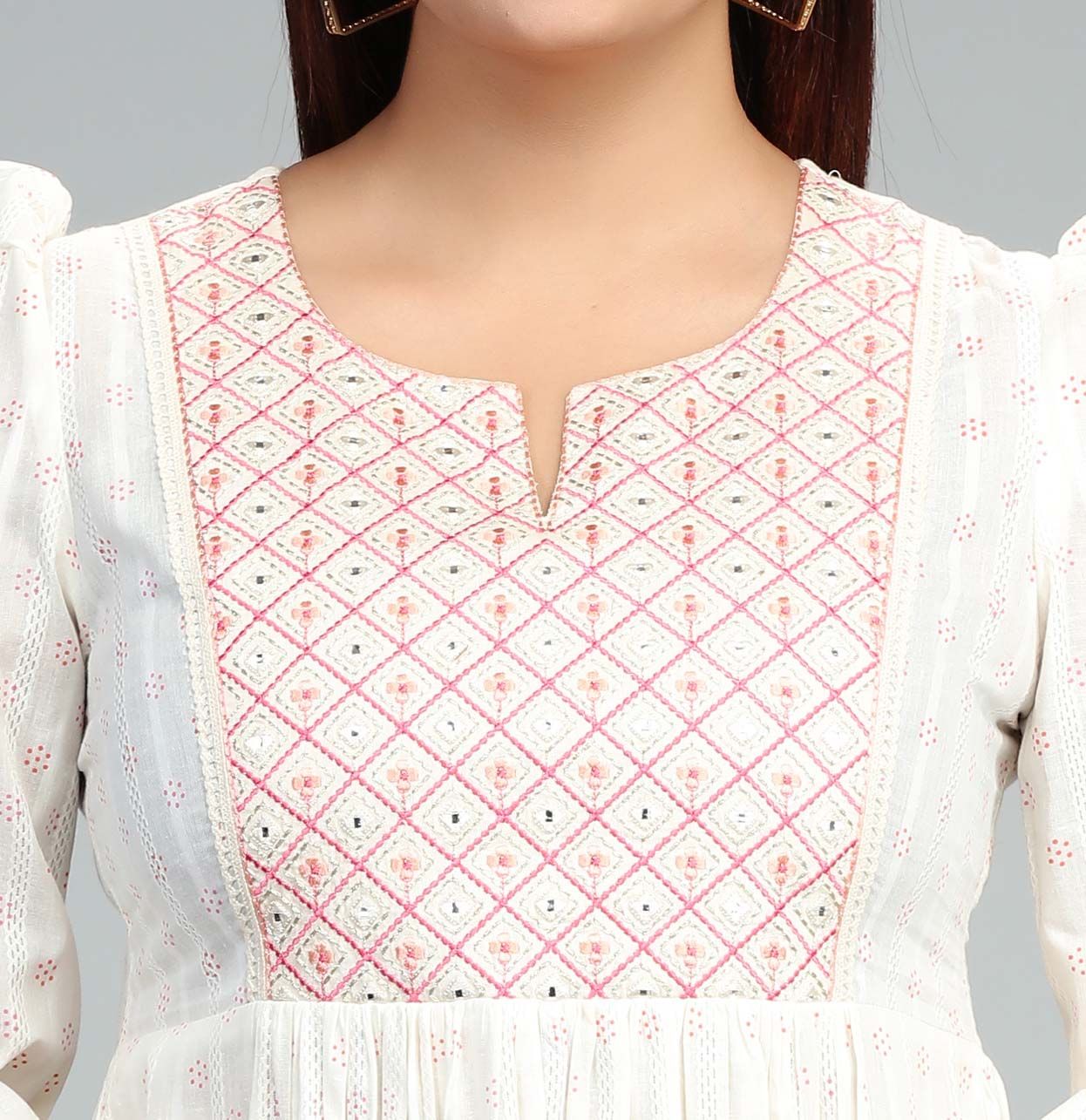 Megha CC43 White Cotton Embroidery Flared Dress