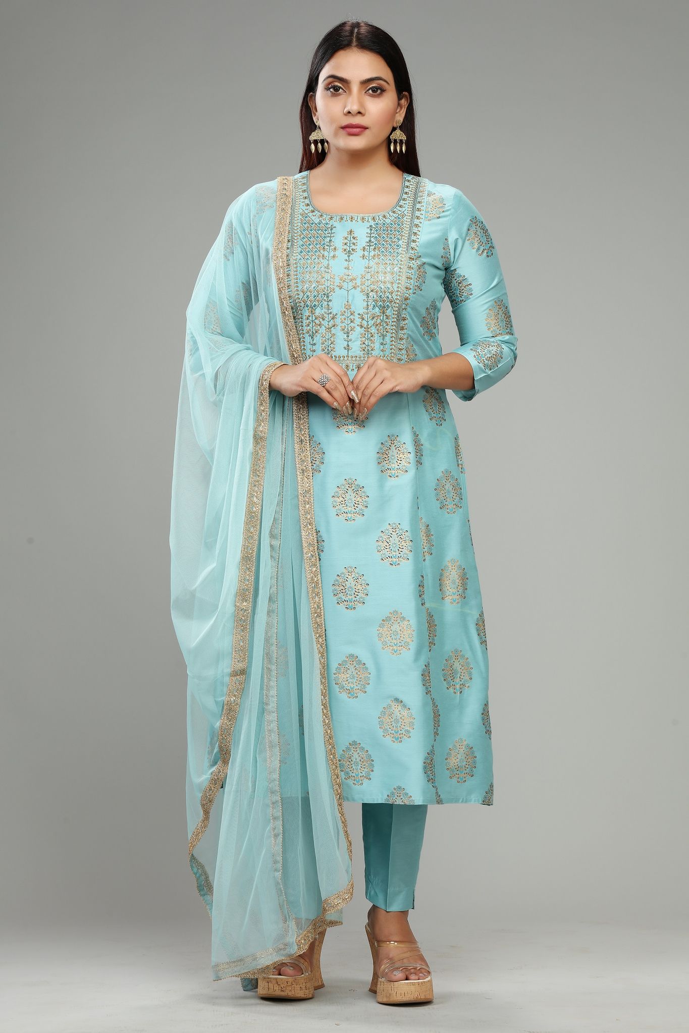 Anusha Sky Blue Cotton Silk Embroidered Suit Set