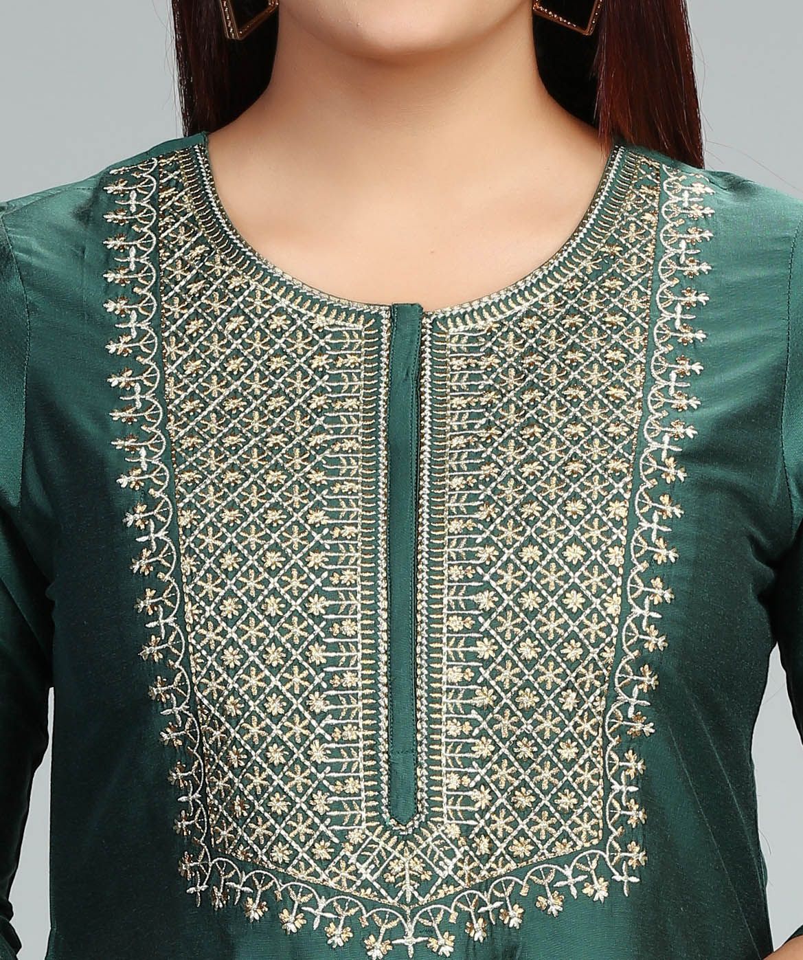 Aapeksha Dark Green Cotton Silk Embroidered Straight Kurta