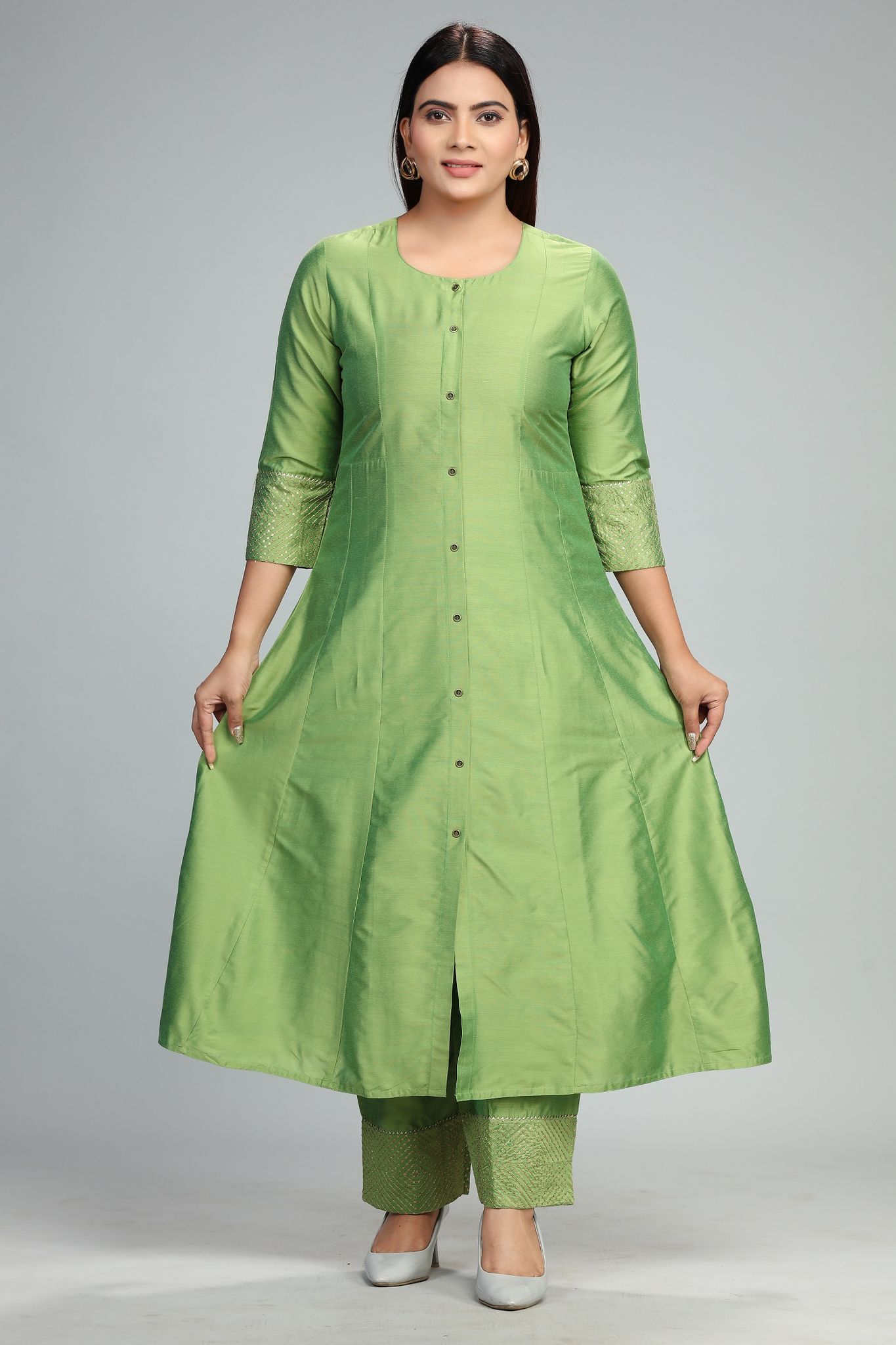 Chaitali Parrot Green Cotton Silk Kurta With Pant Set